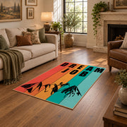 orange teal retro dare typography area rug, design detail view