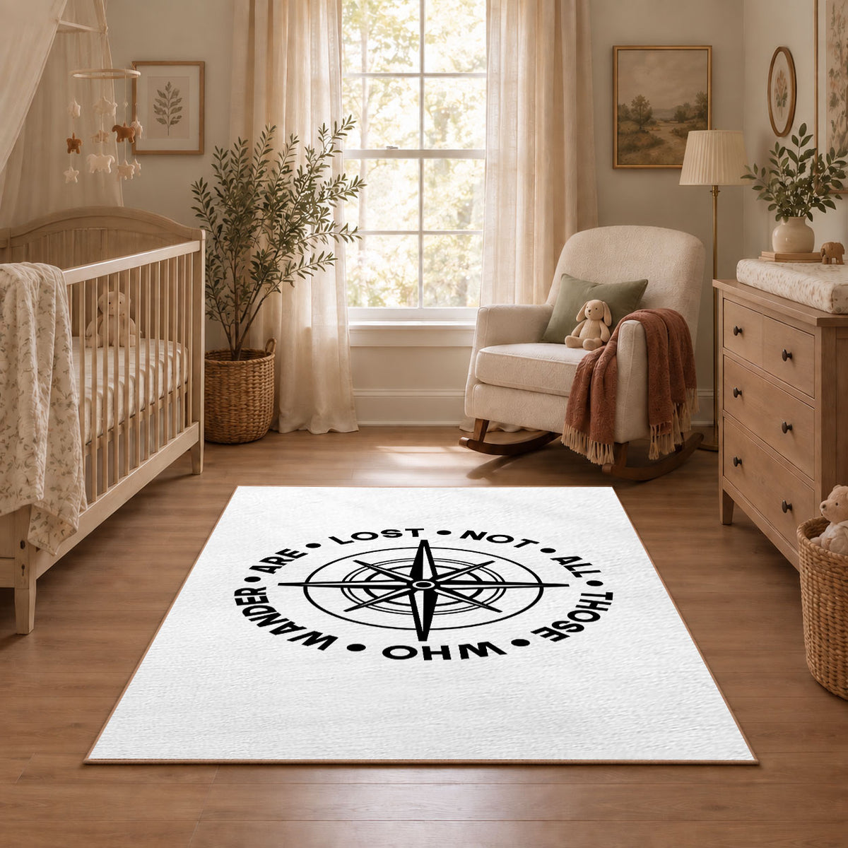 white wander compass hiking quote area rug, featured room view