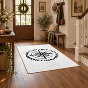 white wander compass hiking quote area rug, wood floor styling