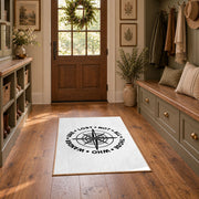 white wander compass hiking quote area rug, front room mockup