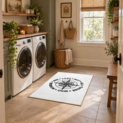 white wander compass hiking quote area rug, wide interior view
