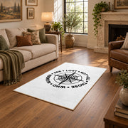 white wander compass hiking quote area rug, design detail view