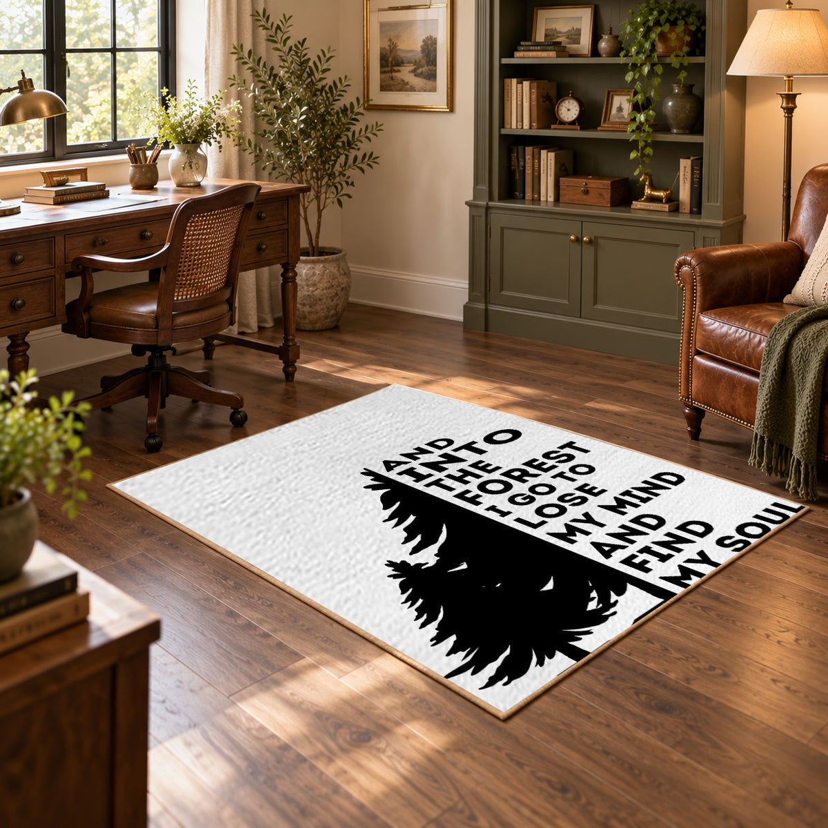 black white forest quote typography area rug, featured room view