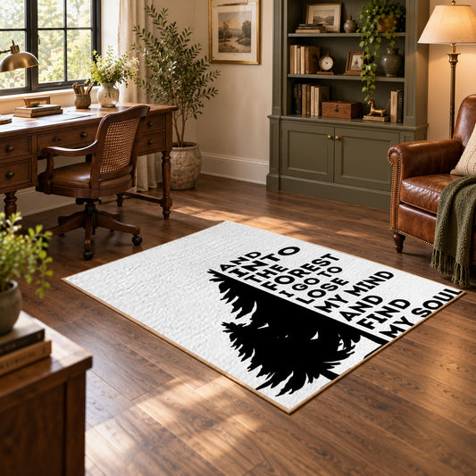 black white forest quote typography area rug, featured room view