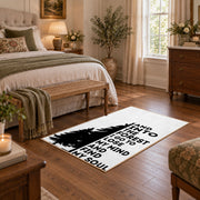 black white forest quote typography area rug, cozy home setting