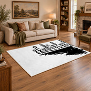 black white forest quote typography area rug, angled room view