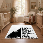 black white forest quote typography area rug, full pattern view