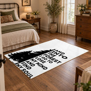 black white forest quote typography area rug, soft surface detail