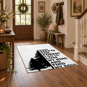black white forest quote typography area rug, wood floor styling