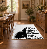 black white forest quote typography area rug, close decorative detail