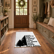 black white forest quote typography area rug, front room mockup