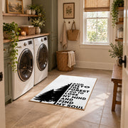 black white forest quote typography area rug, wide interior view