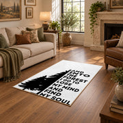 black white forest quote typography area rug, design detail view