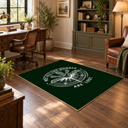 dark green compass wander quote area rug, featured room view