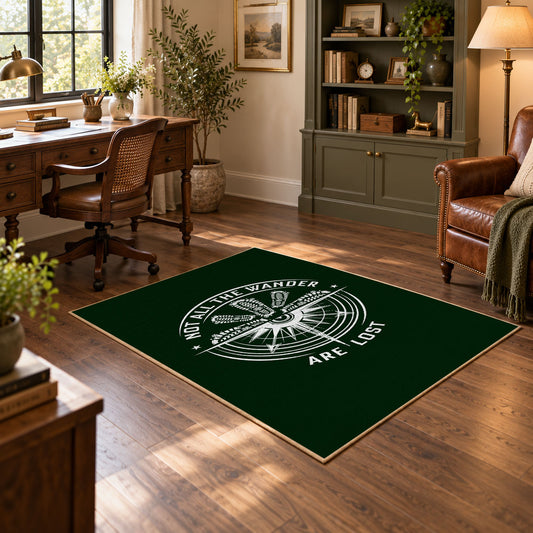 dark green compass wander quote area rug, featured room view