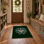 dark green compass wander quote area rug, front room mockup