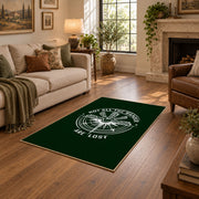 dark green compass wander quote area rug, design detail view
