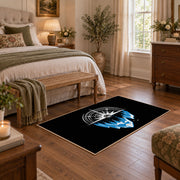 black blue mountain compass hiking area rug, cozy home setting