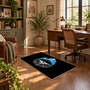 black blue mountain compass hiking area rug, complete product view