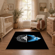 black blue mountain compass hiking area rug, angled room view