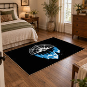 black blue mountain compass hiking area rug, full pattern view