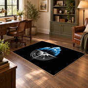 black blue mountain compass hiking area rug, soft surface detail
