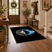 black blue mountain compass hiking area rug, wood floor styling