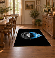 black blue mountain compass hiking area rug, close decorative detail