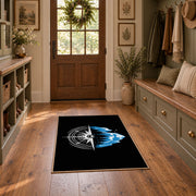 black blue mountain compass hiking area rug, front room mockup