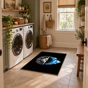 black blue mountain compass hiking area rug, wide interior view