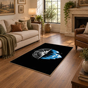 black blue mountain compass hiking area rug, design detail view