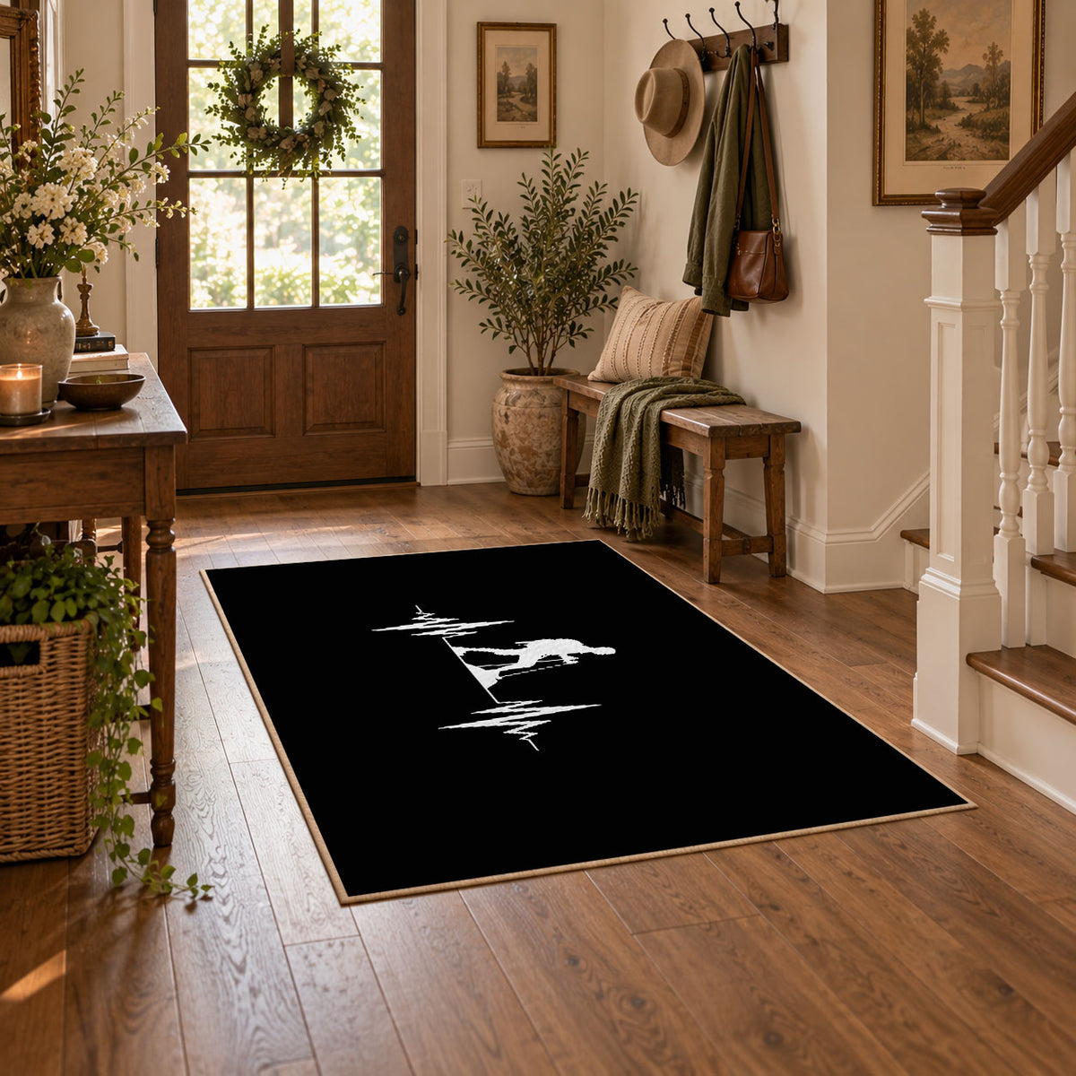 black minimalist hiker heartbeat silhouette area rug, featured room view