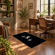 black minimalist hiker heartbeat silhouette area rug, complete product view