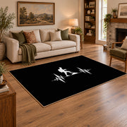black minimalist hiker heartbeat silhouette area rug, angled room view