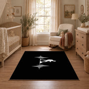 black minimalist hiker heartbeat silhouette area rug, full pattern view