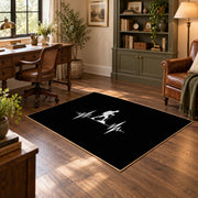 black minimalist hiker heartbeat silhouette area rug, wood floor styling