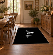 black minimalist hiker heartbeat silhouette area rug, close decorative detail
