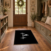 black minimalist hiker heartbeat silhouette area rug, front room mockup