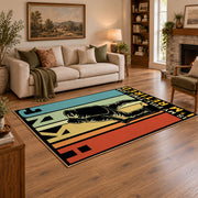 retro orange hiking boot motivational area rug, angled room view