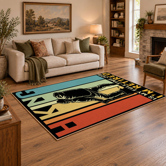 retro orange hiking boot motivational area rug, angled room view