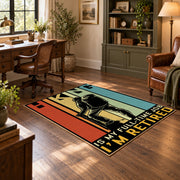 retro orange hiking boot motivational area rug, wood floor styling
