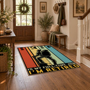 retro orange hiking boot motivational area rug, close decorative detail