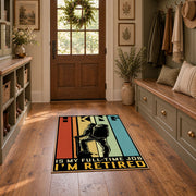 retro orange hiking boot motivational area rug, front room mockup