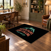 black coral mountains are calling quote area rug, wood floor styling