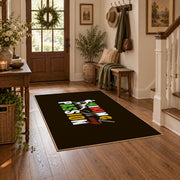 brown colorful hiking passion typography area rug, wood floor styling