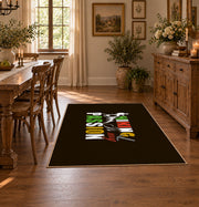 brown colorful hiking passion typography area rug, close decorative detail