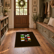 brown colorful hiking passion typography area rug, front room mockup