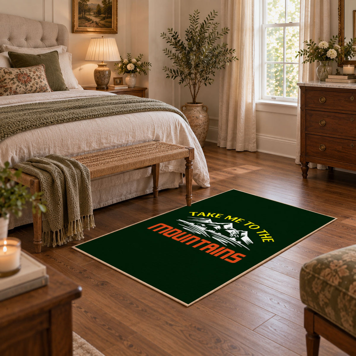 dark green take me to the mountains quote area rug, featured room view