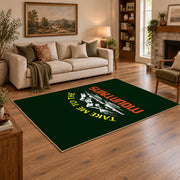 dark green take me to the mountains quote area rug, angled room view