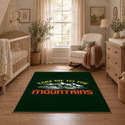 dark green take me to the mountains quote area rug, full pattern view